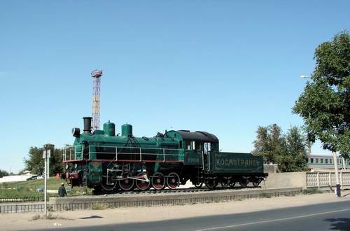 Baikonur Kazakhstan city railway station - locomotive of the past photo