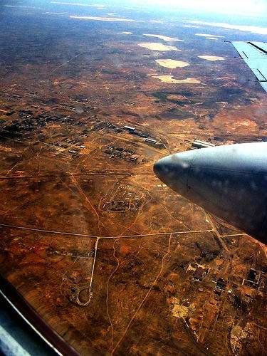 Baikonur Kazakhstan city launching facilities from plane photo